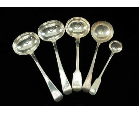 FIVE 19/20TH C. SILVER LADLES, various dates and makers, including pair George IV Old English pattern sauce ladles with crest