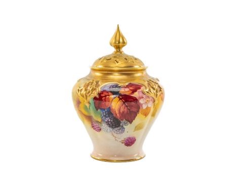 ROYAL WORCESTER AUTUMN FRUIT POT POURRI JAR & COVER, painted by Kitty Blake, shape no.279, gilt highlights, 13cms (h)Provenan
