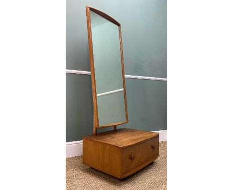 MID-CENTURY ERCOL 485 CHEVAL MIRROR WITH DRAWER, blue label, solid elm and beech, natural wax finish, angle adjustable mirror
