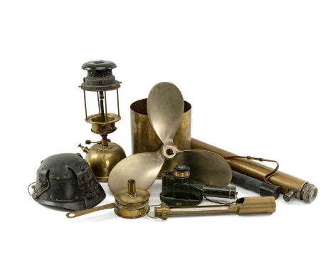 ANTIQUE BRASS INSTRUMENTS & MISCELLANEA including, Bialaddin 330x lamp, tinder box, scoop/bath thermometer, marine propeller 