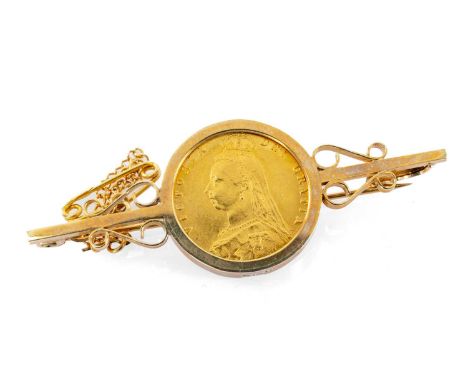 VICTORIAN GOLD HALF SOVEREIGN, 1887, Jubilee head, in 9ct gold brooch mount, 7.5gmsProvenance: deceased estate Carmarthenshir