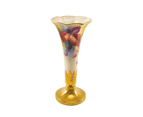 ROYAL WORCESTER 'AUTUMN FRUIT' VASE, painted by Kitty Blake, lobed trumpet shape no.1777, gilded rim, base and foot, 19.5cms 