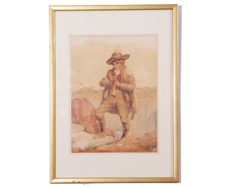 Cecilia Melanie Beresford (British 19th Century) A portrait of a young man playing a pipe, watercolour, signed, 11 x 8ins