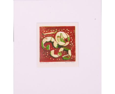 Elaine Nason (British Contemporary), an unusual woodblock print of a peeled apple, woodblock, signed and inscribed, 5 x 6ins