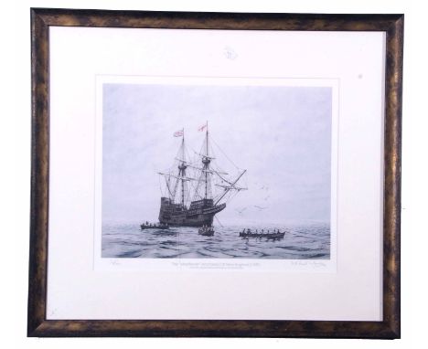 Michael Morley (British 20th Century), The Mayflower anchored off New England, Limited edition print inscribed 1/500 in penci