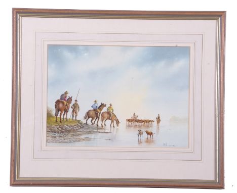 R. Horne (British 20th Century),  Cattle drovers, watercolour, signed, 10 x 14ins