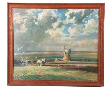 Edward Seago, (British 20th century), Medici Society print 'The Landmark', 1936 ploughing scene with windmill, with later col