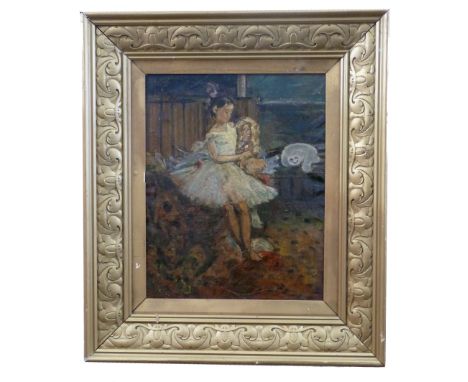 In the style of Edgar Degas (French, 19th century), a portrait of a ballerina holding a doll, oil on canvas, unsigned, 20 x 1