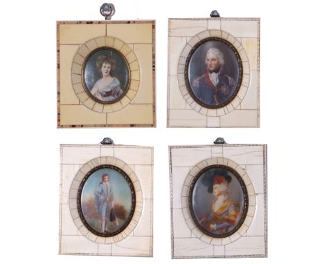 A collection of  portrait miniatures set  in bone/Ivory frames, late 19th/early 20th Century,  (x4), original paper backing a