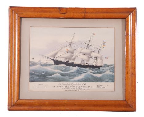 Coloured print "The Clipper Ship Dreadnought", set in birds eye maple frame