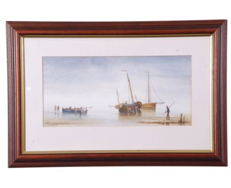 R. Horne (British 20th Century), Fisherfolk packing up at low tide, watercolour, signed, 6 x 14ins