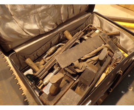 Case of vintage woodworking tools including planes drill bits scribes measures square etc 