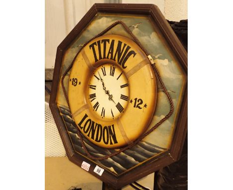Octagonal wall clock with Titanic London 1912 lifebelt design and sea scape background D: 60 cm 
