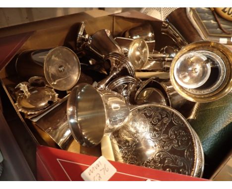 Tray of mixed silver plates chalices dishes and flatware 