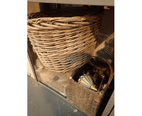 Large vintage oval wicker basket with two carry handles 60 cm L and 42 cm H and smaller rectangular basket with models / toys