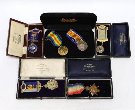 WWI trio awarded to CMT - 735 PTE A E COX ASC, three cased silver Masonic medals, two with enamel together with another empty