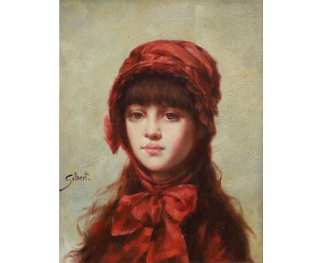 Gilbert, oil, possibly an overpainted print on board, Portrait of a girl wearing a bonnet, signed, 24 x 19cm