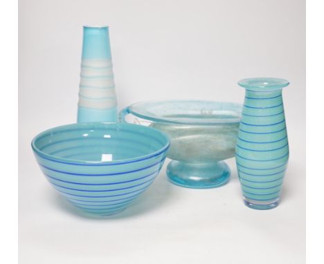 A Roman style two handled glass vase, a Kosta Boda bowl and two art glass vases, tallest 26.5cm