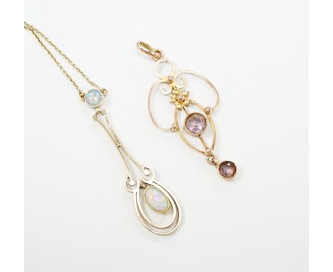 An Edwardian 15ct and two stone white opal set drop pendant necklace, chain unmarked, overall 46cm, and one other Edwardian 9