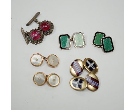 Four assorted pairs of cufflinks including silver and two coloured enamel.
