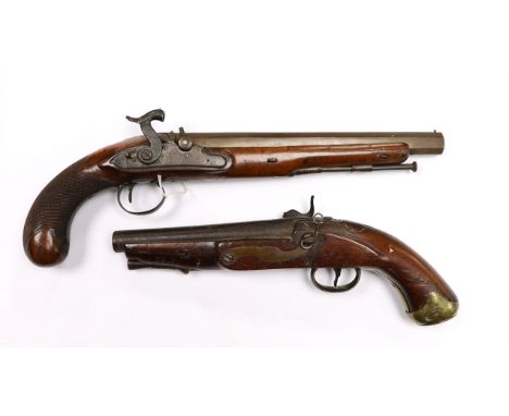 Two percussion 19th century pistols, both converted from flintlock, the larger example with engraved lock and hammer, octagon