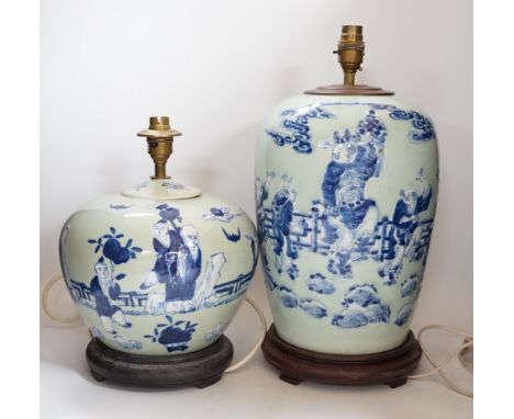 Two Chinese blue and white celadon glazed lamp bases, largest 43cm high including fitting