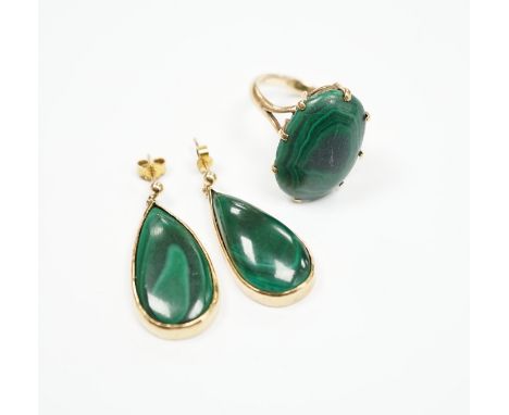 A 9ct and oval cut malachite set dress ring and pair of matching drop earrings, ring size P, gross weight 20.1 grams.