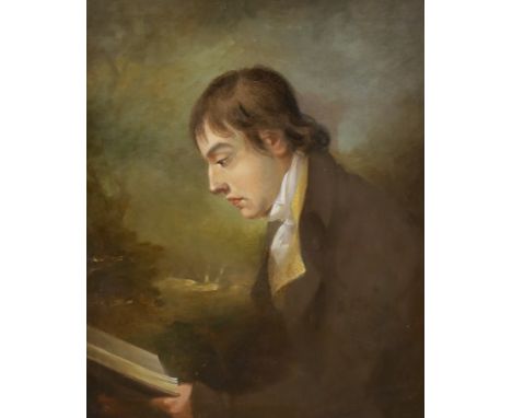 19th century English School, Portrait of the poet John Keats reading before a landscape (1795-1821), 75 x 62cm, ornate gilt f