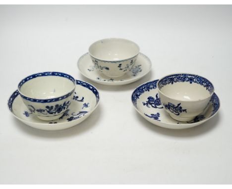 Three late 18th century Liverpool blue and white teabowls and saucers