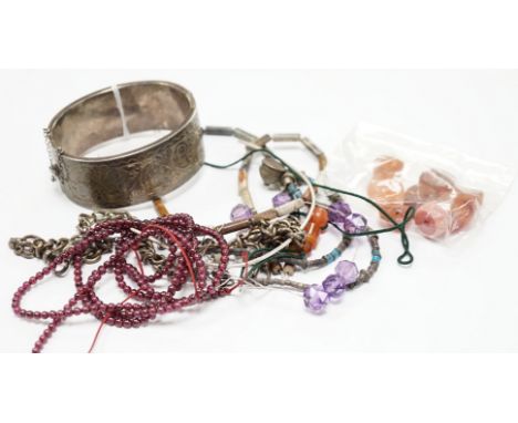 A modern silver hinged bangle and a quantity of mixed jewellery including fittings, bead necklaces, cufflinks, rings, silver 