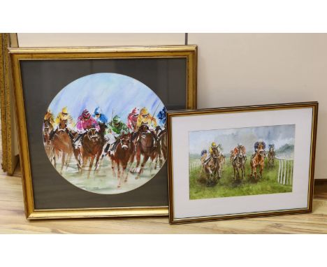 Horse racing interest, two watercolours, Jockeys on horseback, one indistinctly signed, possibly K J West, largest 40 x 40cm