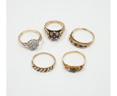 Three assorted 9ct gold and gem set rings, including ruby and diamond cluster, gross weight 7.7 grams, a 585 yellow metal and