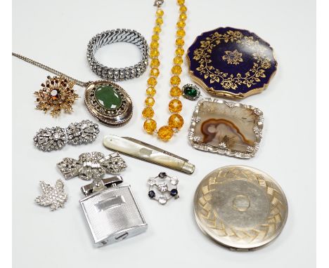 Assorted paste set jewellery etc and other items including compacts and a Ronson lighter.