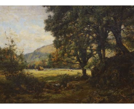 Oil on canvas, Woodland before a clearing with figures hay making, indistinctly signed, possibly K G So...?, 73 x 98cm
