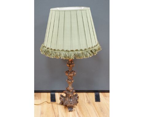 An Italian column lamp with green fabric shade, 88cm high including the shade