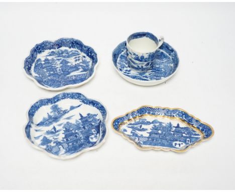 A group of Caughley pagoda pattern table wares, late 18th century, including two teapot stands, a coffee cup and saucer and a