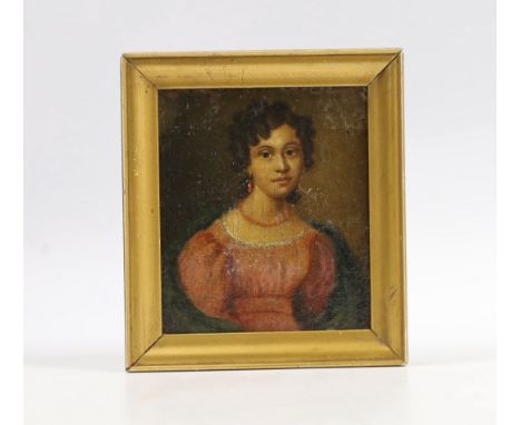 Early 19th century, oil on board, Portrait miniature of a Regency lady wearing coral earrings and necklace, 9 x 7.5cm