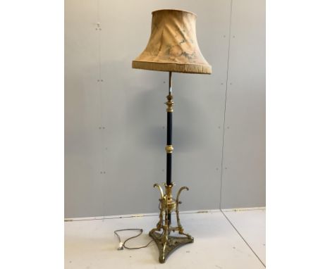 A Victorian gilt brass and black lacquered adjustable lamp standard, height including shade 176cm