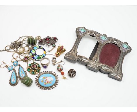 An Art Nouveau style sterling and enamelled double photograph frame, width 11.3cm, together with sundry jewellery including a