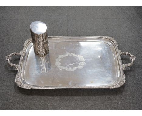 A Walker and Hall silver plated tray and a ‘tree trunk’ paperweight, tray length 72cm