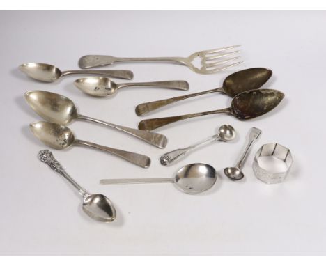 Eleven assorted items of mainly 19th century silver flatware and a silver napkin ring, 18oz.