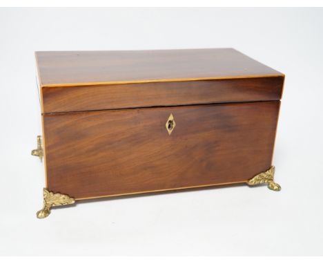 An early 19th century boxwood strung mahogany tea caddy, ivory inlay, 28cm wide CITES Submission reference 5DS6M1FP