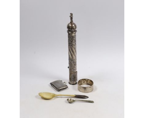 A late Victorian repousse silver sealing wax and match holder, with figural finial, Samuel Jacob, London, 1897, 20.7cm, a sil