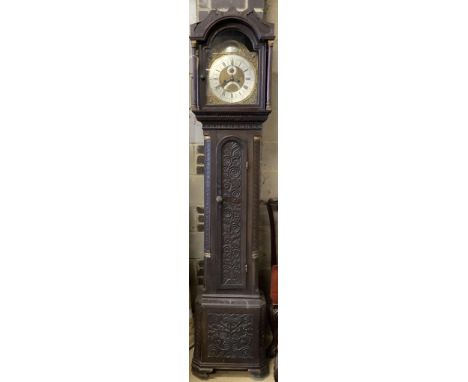 A George III oak cased eight day longcase clock, height 220cm