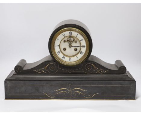 A 19th century French polished black slate mantel clock, 50cm wide