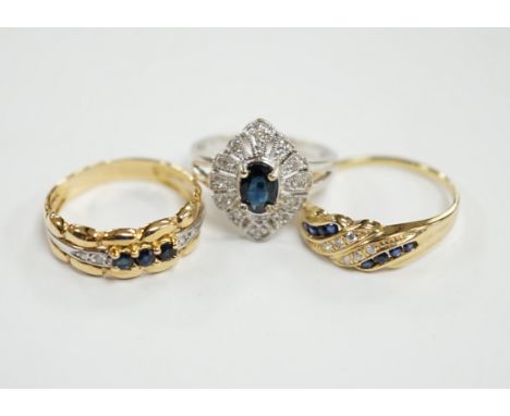 Three assorted 18k, sapphire and diamond chip set rings, including one French ring, gross weight 8.6 grams.