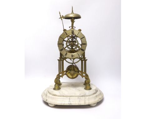 A skeleton clock with Roman numeral dial, raised on white marble base, pendulum and key, 45cm Victorian-period; unsigned.  Gl