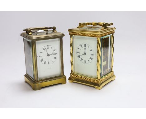 A French gilt brass cased carriage clock with twisted column supports, together with a further carriage clock, tallest 14cm (