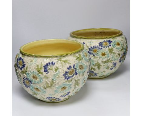 A pair of Burmantofts faience floral jardinières, c.1900, 23cm One with hairline crack downward from rim, approx. 5cm, visibl