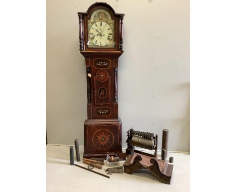 A 19th century Continental inlaid mahogany eight day musical longcase clock, height 234cm (in need of restoration)